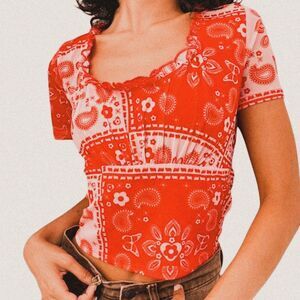 Lisa Says Gah Lana Red Bandana Print Baby Doll Top – Cottagecore / Indie small